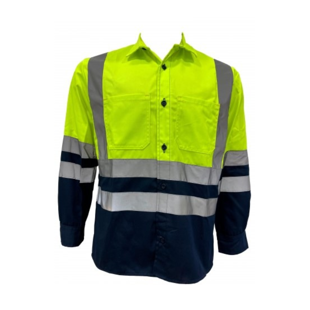 Camisa de trabajo hi- viz amarillo y azul con reflectivo 3M